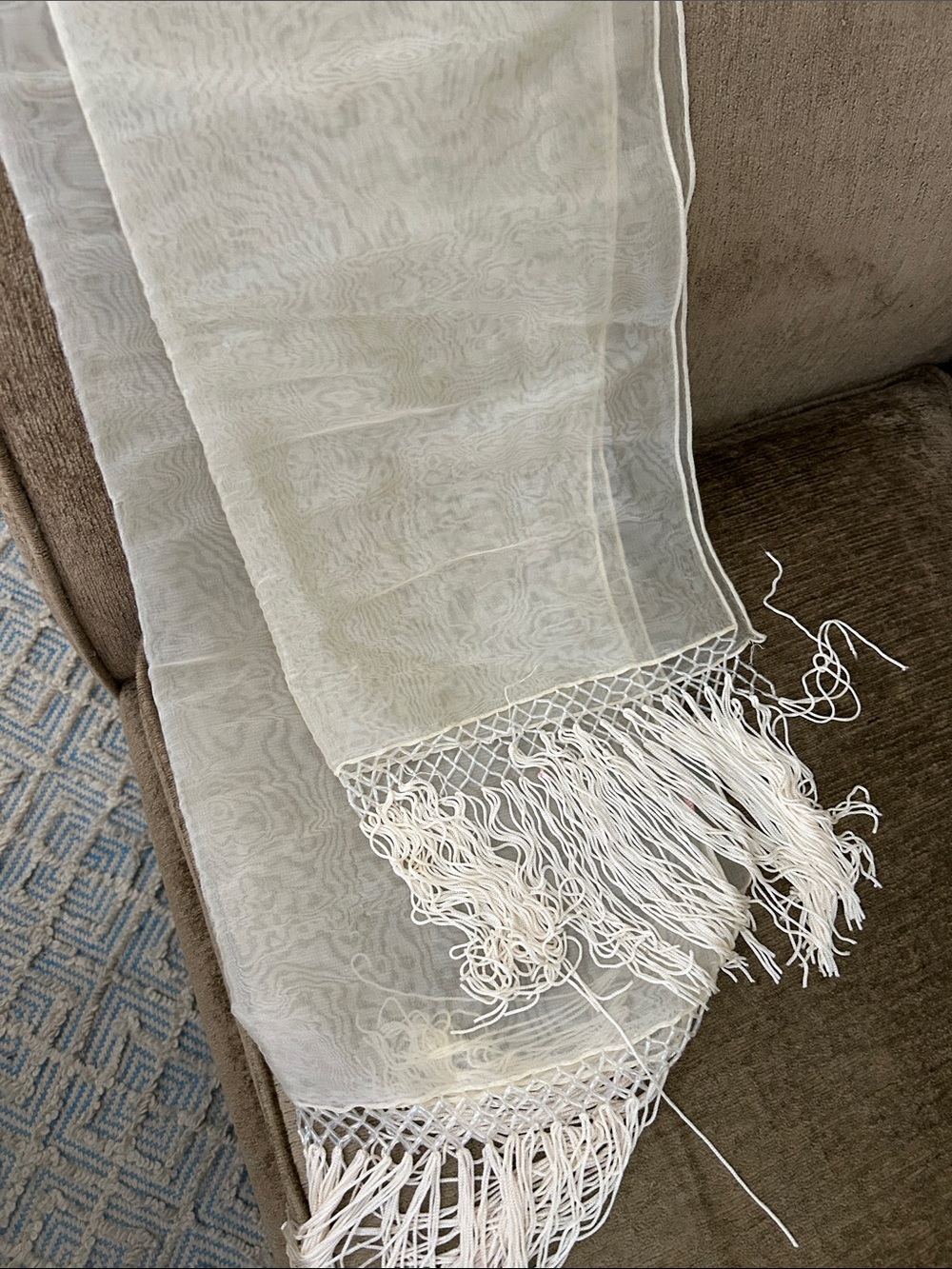 Sheer Ivory Fringe Scarf Shawl - Lightweight Home Accent. Length x2